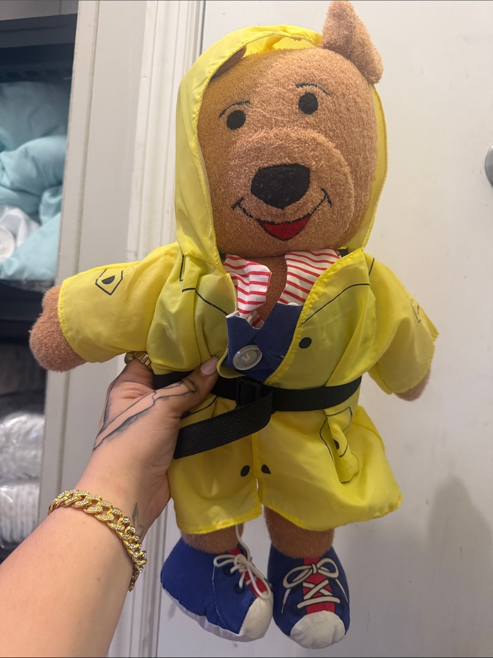1996 Plush Bear in Yellow Hooded Raincoat with Blue Shoes - Kids Stuffed Animal